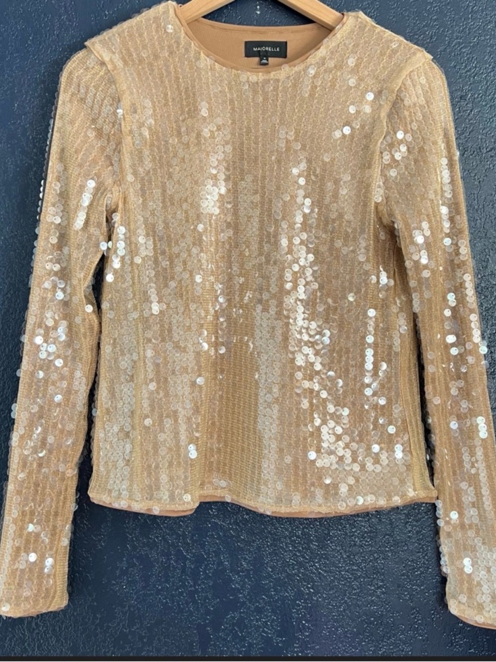 MAJORELLE Gold Sequin Long-Sleeve Crewneck Top